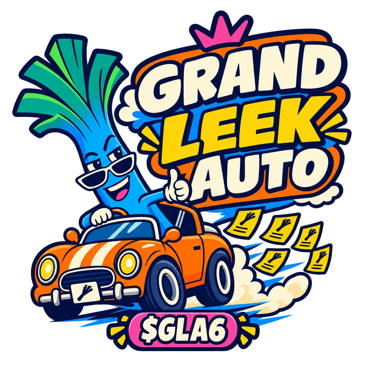 GRAND LEEK AUTO logo with blue leek driving an orange car